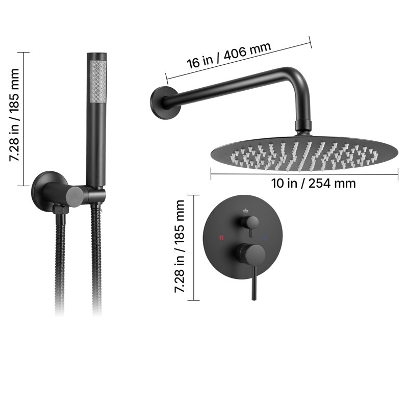 Shower Faucet Set 10" Round Rain Shower Head and Hand Set Matte Black