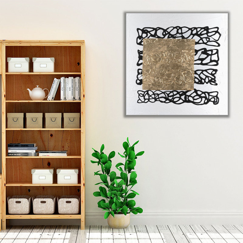 Golden Script II noir et blanc - reproduction d'art sur toile, H 40 po x l 40 po