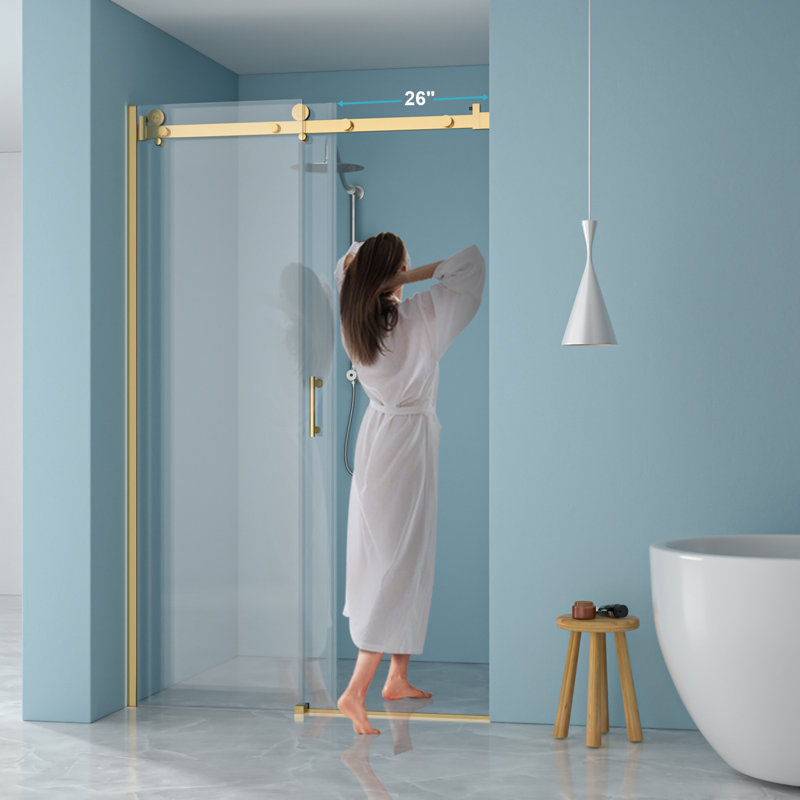 48"W X 76"H Single-Slide Shower Door - 8Mm Tempered Glass With 304 Stainless Steel Frame, Gold, Gold