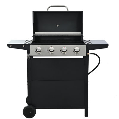 Barbecue au propane 4 brûleurs, acier inoxydable 34 000, avec couvercle, deux tablettes et roues portatives pour brûleur de jardin, roues, un thermomètre de patio