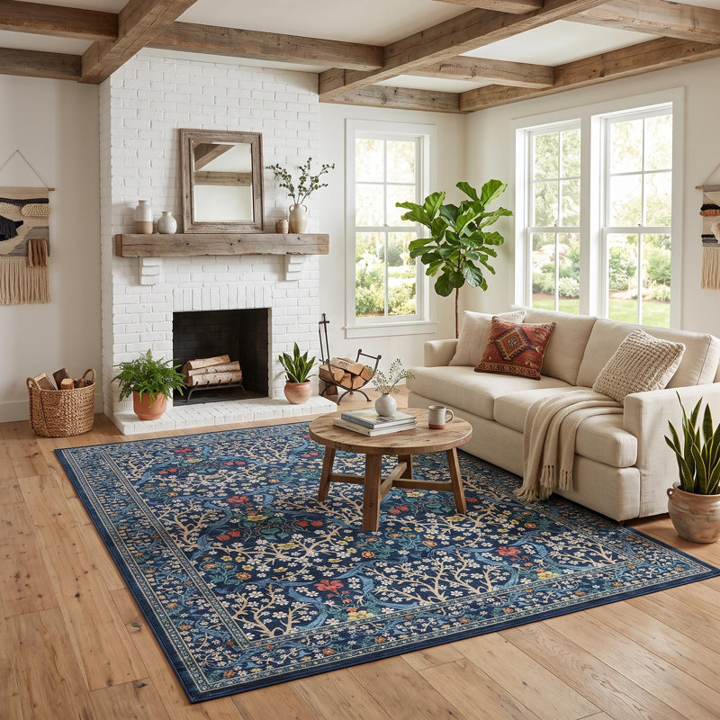 Rectangle Floral Washable Area Rug, Blue, Rectangle 200 cm x 290 cm