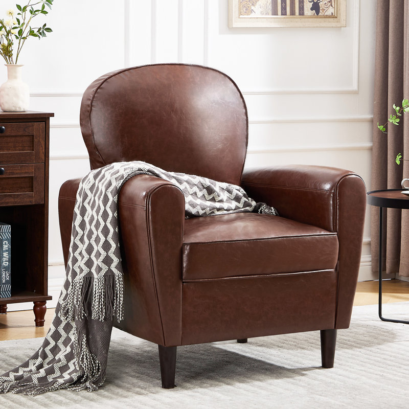 Fauteuil rembourré à dossier large avec pieds en bois massif et finition luxueuse en similicuir, Café