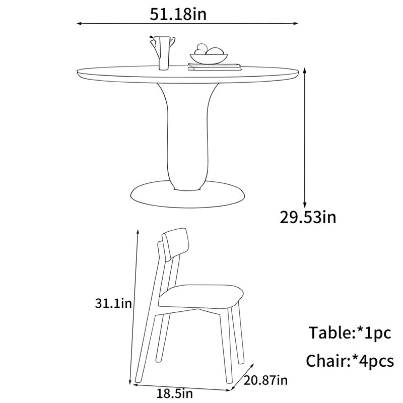 Table ronde nordique rétro, H 83,4 po x l 51,18 po x P 51,18 po
