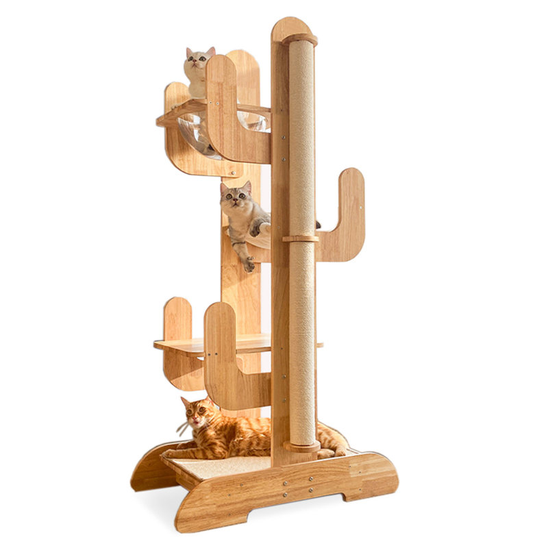 Minimalist Solid Wood & Hemp Rope Cactus Cat Tree for Home Use