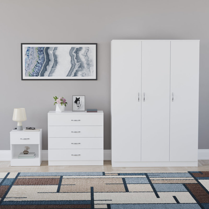 Maybery 3 Piece Bedroom Set (1 Drawer Bedside Chest, 4 Drawer Chest, 3 Door Wardrobe), (5), White