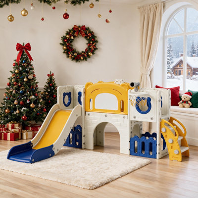 10-In-1 Toddler Slide Set, Kid Climber Slide Playset With Basketball Hoop And Ball, Drawing Board, Non-Slip Steps, Indoor Outdoor Playground For Age 3+(Yellow And Blue)