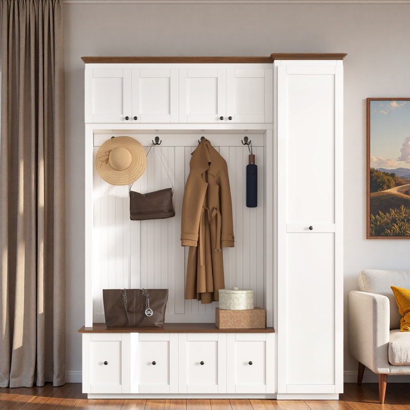 5-in-1 Hall Tree With Bench, Coat Rack, Drawers, Cabinets And Extra-large Side Storage Space, White