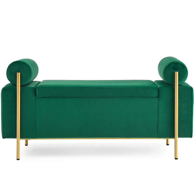 Velvet Storage Bench with Cylindrical Arms and Iron Legs, Green