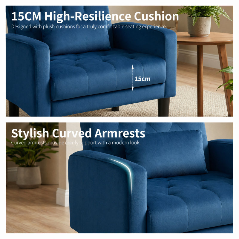 Armchair Modern Accent Chair Comfy Upholstered Seats Armchairs for Living Room Bedroom Dining Room, Blue Velvet, 1