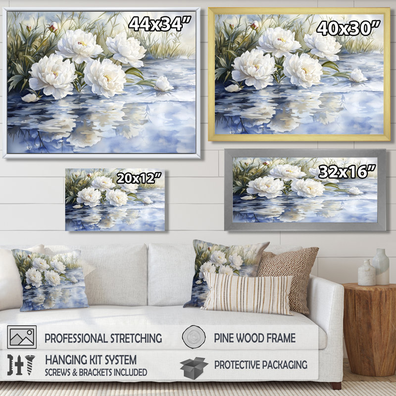 Olinger, pivoines blanches par l'étang gelé I - pivoines, art mural, H 30 po x l 40 po, Noir, noir, noir, noir