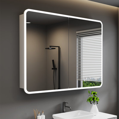 Cynethia Surface/Recessed Mount Rounded Edge Medicine Cabinet with Mirror and 3 Color Temperatures LED Lighting,Anti-Fog,3 Sliding Adjustable Glass Shelves