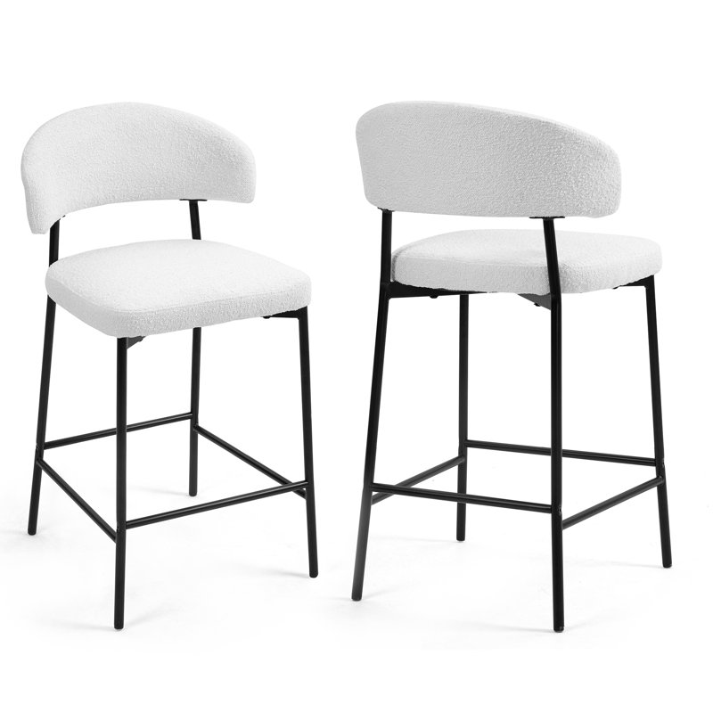 Ensemble de 2 tabourets de comptoir rembourrés en tissu avec pieds en fer noir Jasso Boucle, Blanc / Blanc