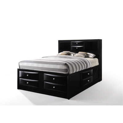 Black Queen Bed With Bookcase Headboard And 8 - Drawer Storage, 5 Slats, 660lbs Weight Limit Finish Storage Bed, Rectangular Headboard, Suitable For 10 Inch Mattresses