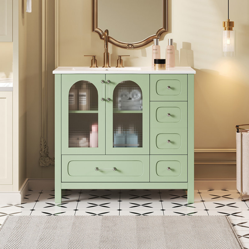Armoire de salle de bain 36 po avec portes à texture gaufrée, meuble-lavabo avec quatre tiroirs et deux portes à fermeture en douceur, rangement de salle de bain avec portes en verre