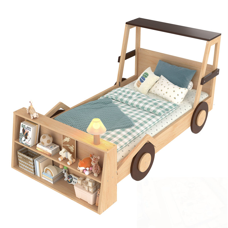 Lit voiture simple avec tablettes de rangement, Naturel