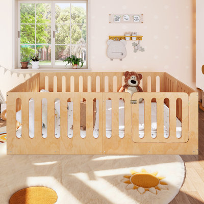 Queen Floor Bed with Fence  Door, Solid Wood Montessori Kids Bed, No Box Spring, Natural