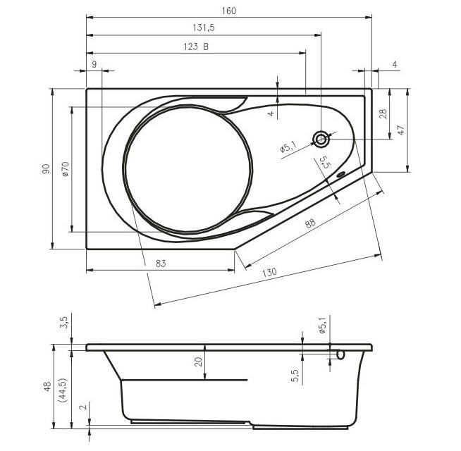 1750mm x 135mm Soaking Acrylic Bathtub