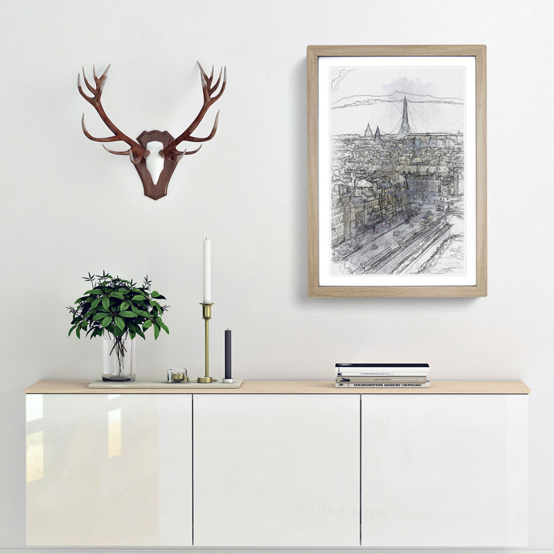 View of the Eiffel Tower in Paris France - Picture Frame Graphic Art Print, 91cm H x 60cm W x 2cm D, Oak