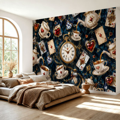 Papier peint adhésif pelez et collez Wonderland, cartes à jouer, montre à gousset, porte-clés, chute, échecs, papier autocollant amovible, décoration murale pour salon, chambre à coucher H 69 po x l 96 po