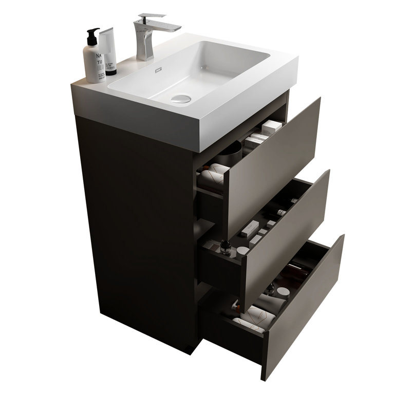 Salle de bain contemporaine grise - meuble-lavabo, rangement ergonomique et silencieux, Gris, Gris, 24"