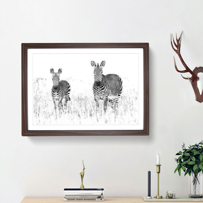 Two Zebras - Picture Frame Painting Print, 45cm H x 63cm W x 2cm D, Walnut Framed