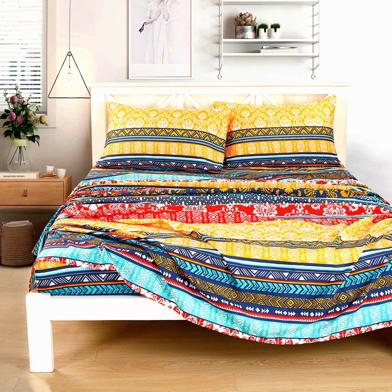 Boho Stripe Floral Microfiber Bed Sheet Set - Wrinkle & Fade Resistant Sheets with Deep Pocket & Pillowcases - Colorful Bohemian Print