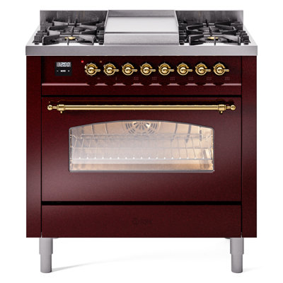 Cuisinière à double combustible 36 pouces avec 6 brûleurs, plaque chauffante (porte vitrée) ILVE Nostalgie II Series