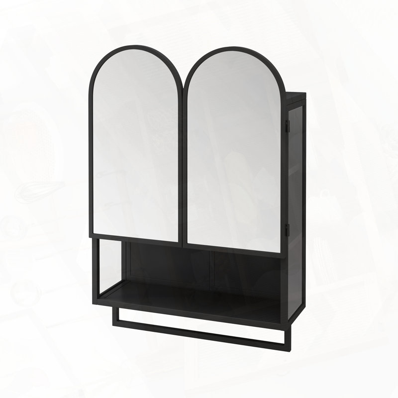 Armoire à miroir moderne à double arche avec rangement et porte-serviettes, Noir