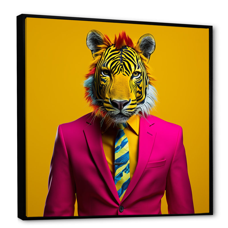 Rose avec tigre - art mural tigre, Cadre flottant noir, H 36 po x l 36 po x P 1,5 po
