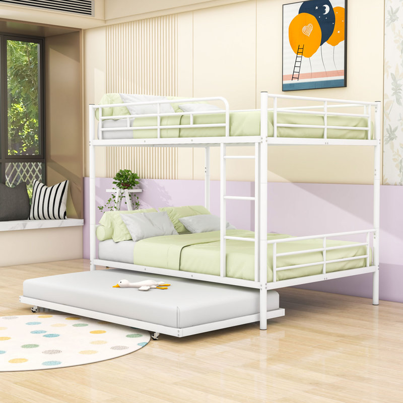 Metal Bunk Bed With Twin Trundle and Ladder, Full over Full, White