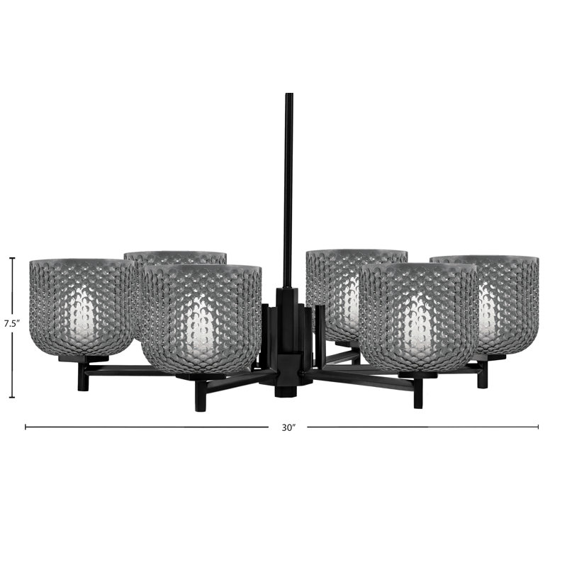 Lustre Finola à 6 lumières, fini noir mat, verre fumé texturé de 15 cm, Noir / transparent, Noir mat