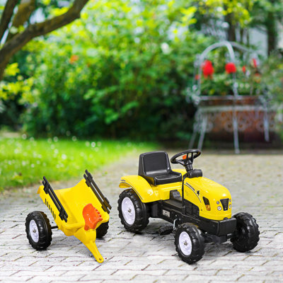 «Kids Ride On Farm Tractor», pédale manuelle sur une voiture avec remorque de rangement arrière, pelle et râteau, klaxon pour les enfants de 3 ans, jaune