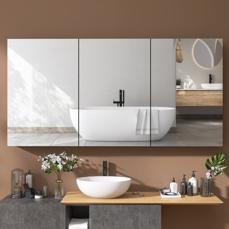 Armoire à pharmacie blanche en aluminium encastrée ou sans cadre avec miroir de salle de bain et 3 tablettes réglables en verre l 60 po x H 30 po