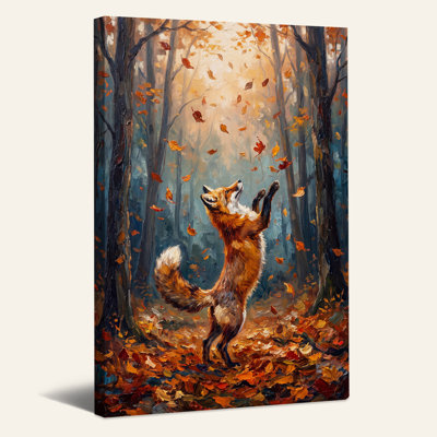 Renard attrapant des feuilles dans une forêt d'automne - Toile murale d'Halloween