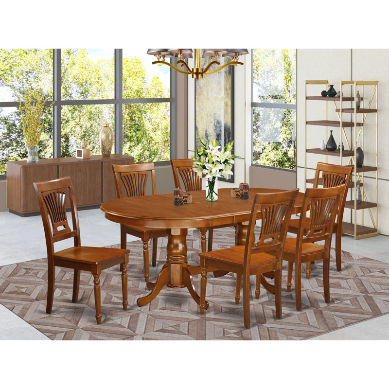7 Piece Dining Room Furniture Set Consist of an Oval Kitchen Table with Butterfly Leaf and 6 Dining Chairs, Saddle Brown