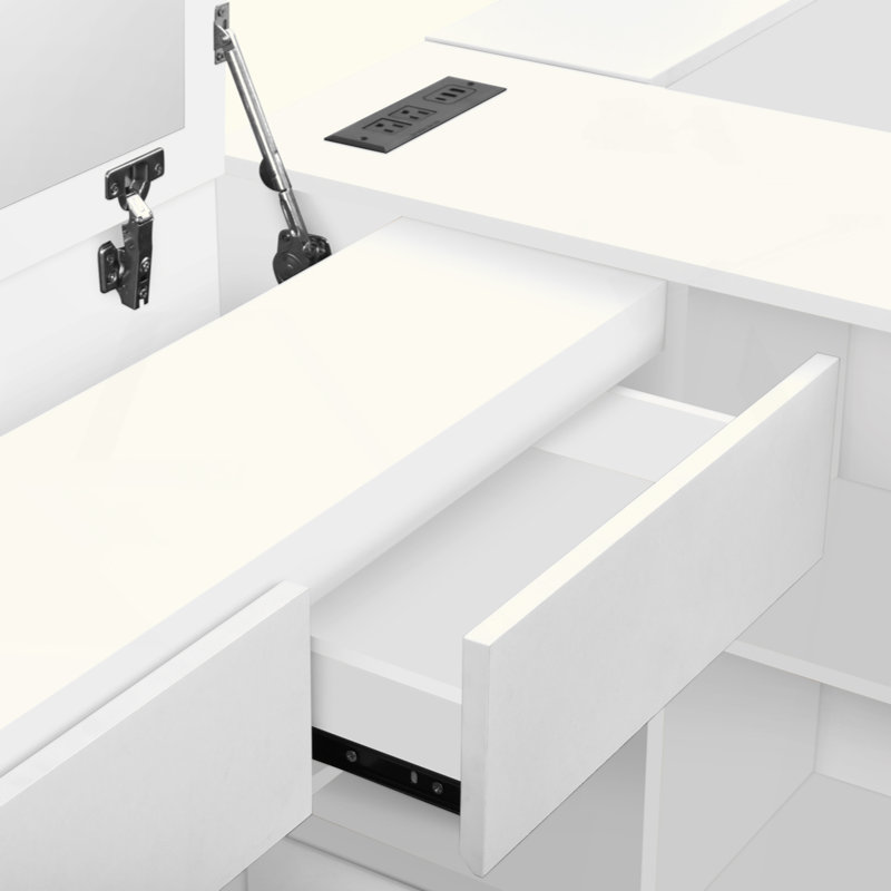 Lit plateforme en bois avec 6 tiroirs, tablettes et coiffeuse, Blanc