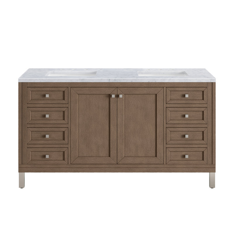 Chicago 60'' W Double Vanity, Walnut Whisper, Carrara White, 8" Widespread