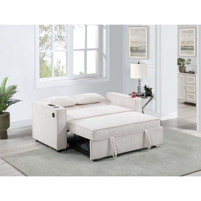 Corduroy Upholstered 2-Seat Sofa W Cup Holders Sleeper Couch Convertible Sofa W USB