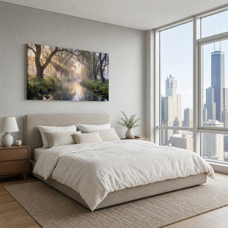 " Golden Light Over Misty River With Willow Trees " Painting Print, 32“W x 16”H