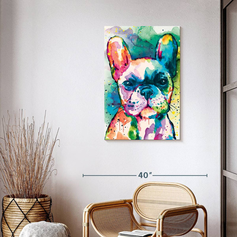 Bouledogue français, peinture sur toile, H 36 po x l 24 po x P 1,25 po