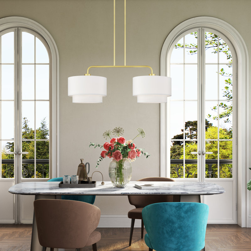 Grand lustre linéaire doré 2 lumières avec abat-jour en tissu blanc cassé fabriqué à la main, Or doux