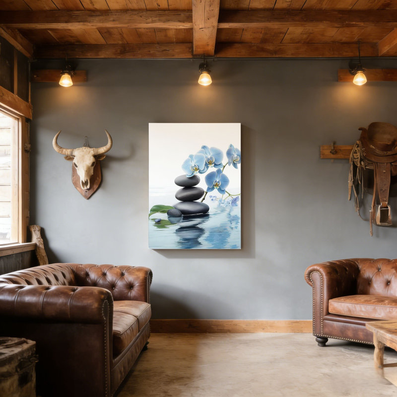 «Blue Orchid Flowers and Zen Stones on Water», art mural en bois à l'arrière 20 po x 30 po