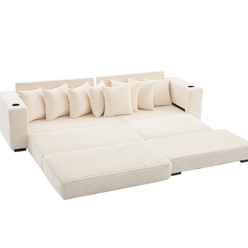 Tissu en velours côtelé de forme modulaire en L de 112,77 po Nouvellement introduit, structure de haute qualité, lit dépliant, 8 coussins, confort surdimensionné en velours côtelé, mousse de résilience, pieds, conversion