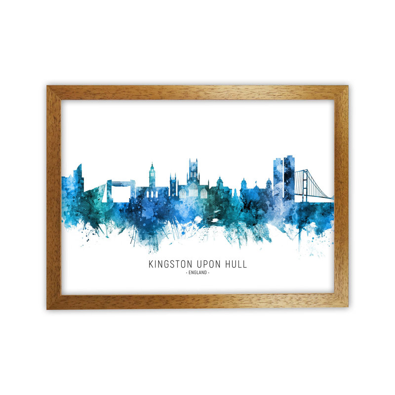 Kingston Upon Hull England Skyline Blue City Name by Michael Tompsett - Print, 25cm H x 34cm W x 3cm D, Oak Framed