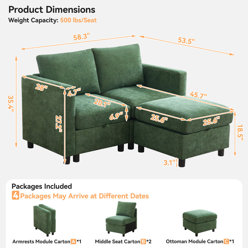 Causeuse rembourrée de 58,3 po avec repose-pieds, repose-pieds, chenille, Chenille vert foncé