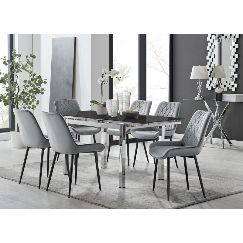 Tierra Modern Glass & Metal Extendable Dining Table Set & 6 Luxury Upholstered Velvet Dining Chairs, Gray/Black