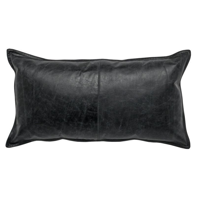 Kosas Home Cheyenne 100% Leather Throw Pillow, Black, Rectangular, 14" x 26"