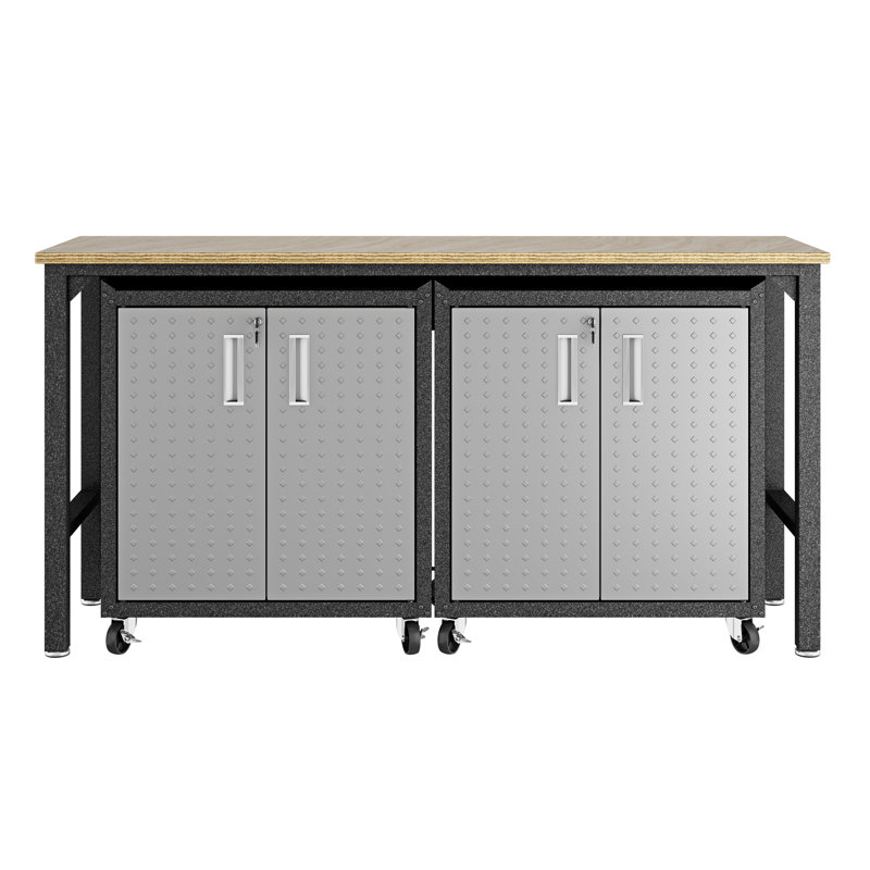Fortress 72" W Modern Metal Workbench with 2 Mobile Cabinets in Dark Gray, Gray