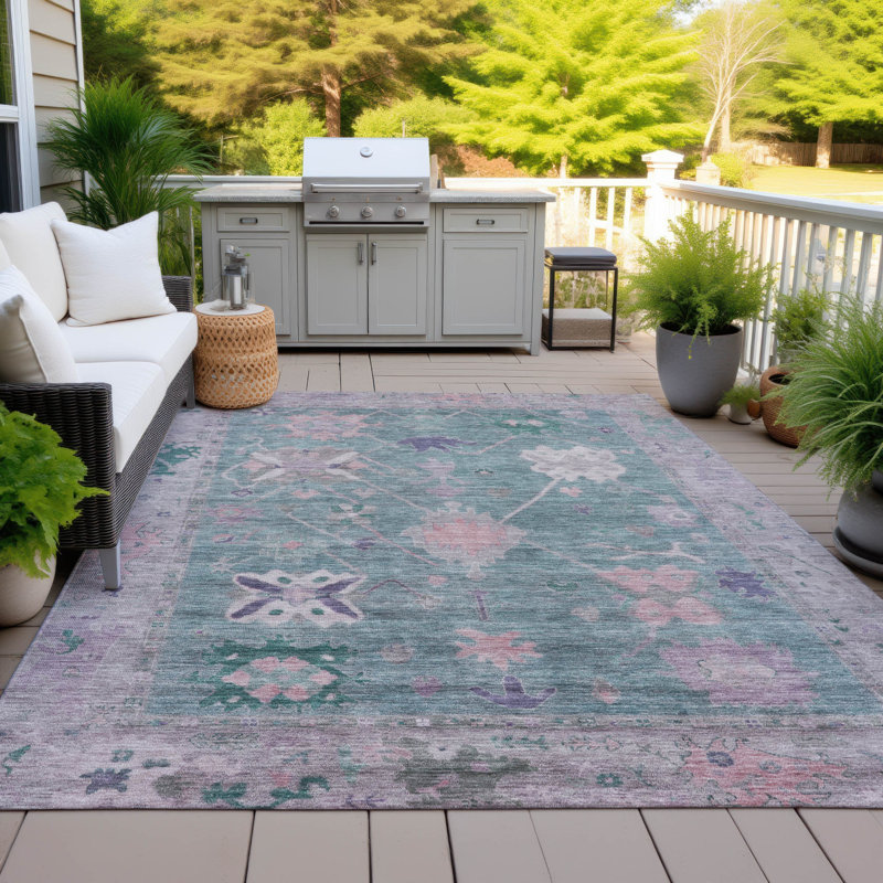 Machine Washable Indoor/Outdoor Xhevrie Green Rug, Rectangle 9' x 12'