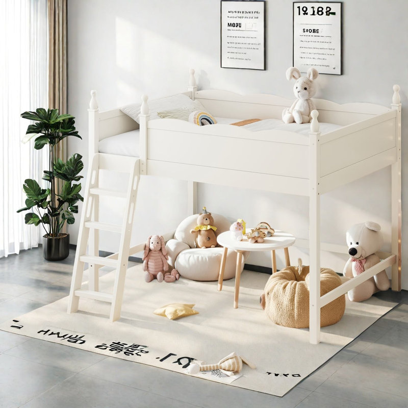 Lit mezzanine double peu encombrant, rangement moderne en bois aggloméré beige pour chambre d'enfant